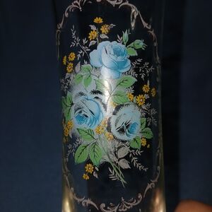 Victorean Floral Glass Vase with Blue Roses and Yellow Design 10in Tall